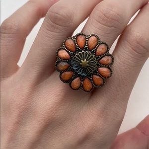 Wood and Coral Flower Jewel Ring